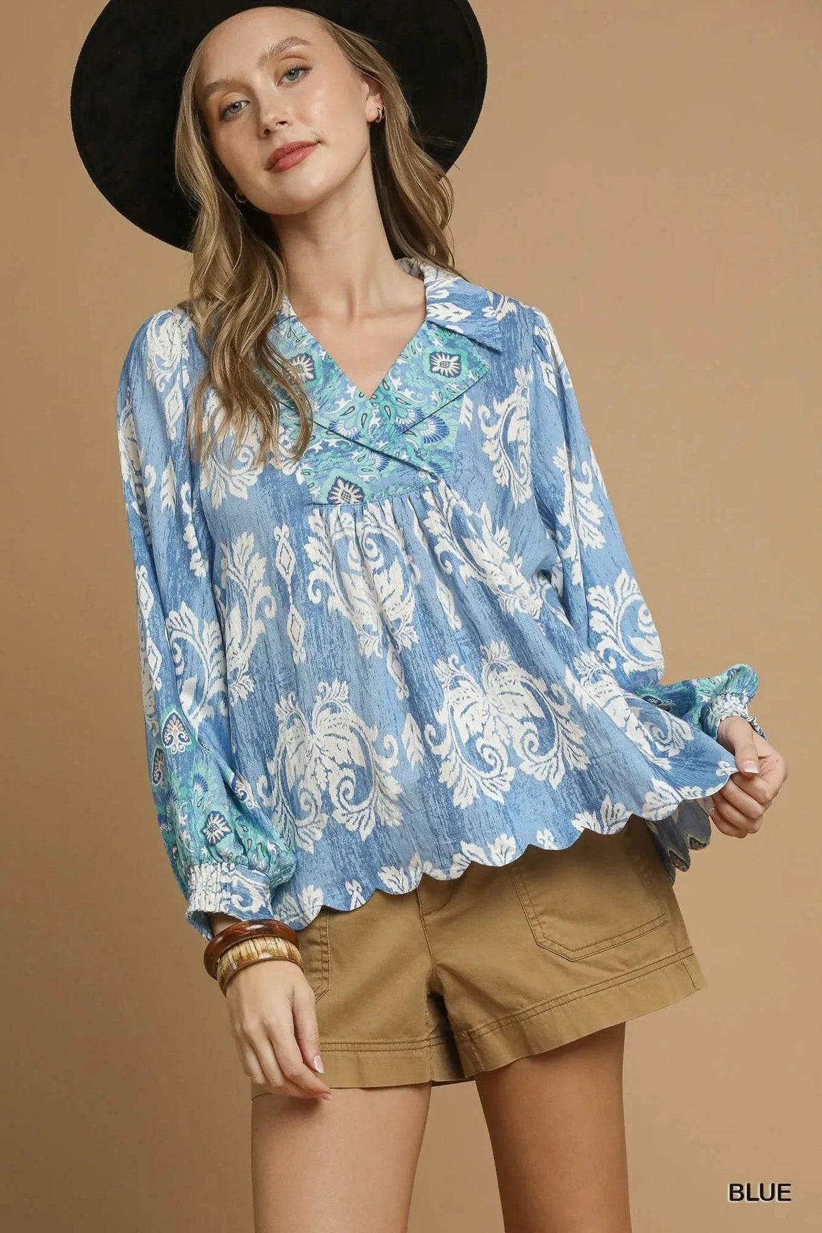 Umgee Printed Long Sleeve Blouse Blue / S