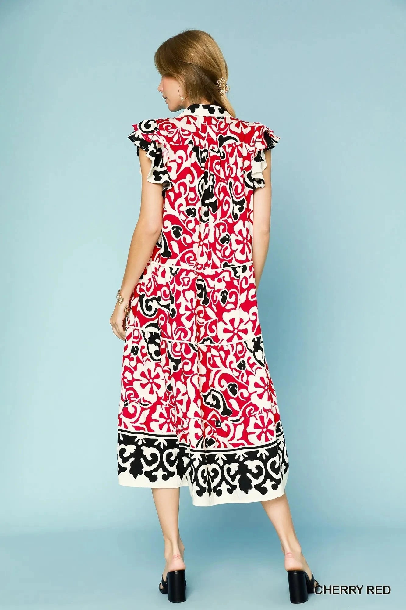 Umgee Printed Ruffled Cap Sleeve Midi Dress