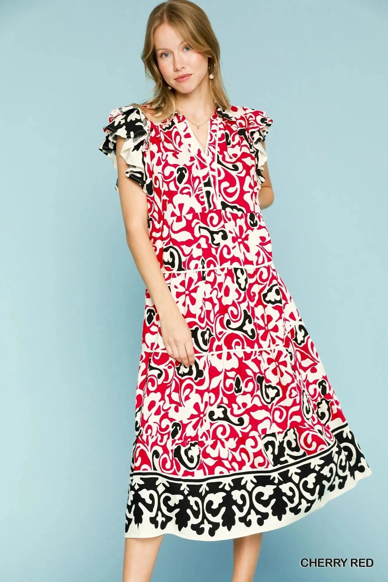 Umgee Printed Ruffled Cap Sleeve Midi Dress CHERRY RED / S