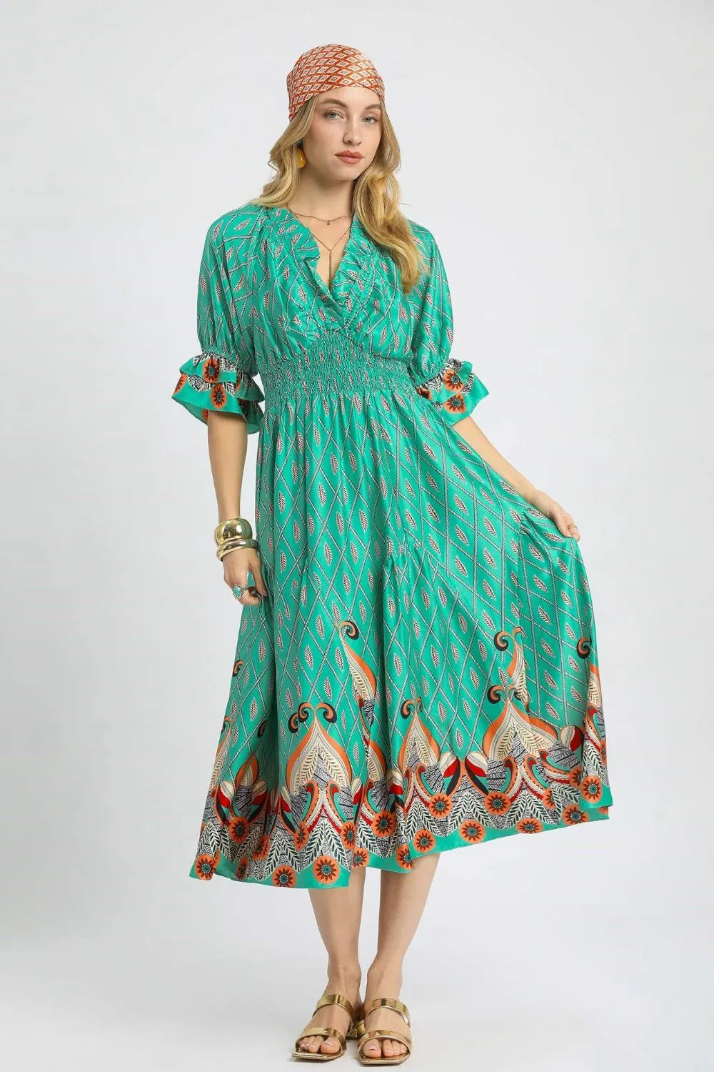 Umgee Printed Smocked Waist Flounce Sleeve Midi Dress Turquoise / S
