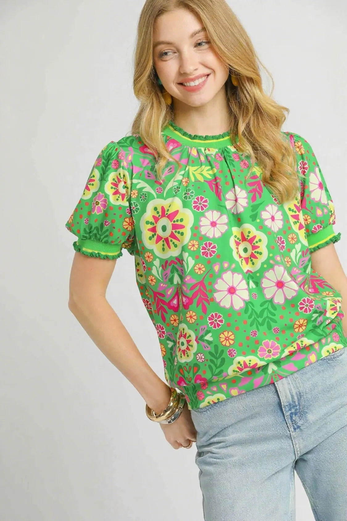 Umgee Retro Floral Puff Sleeve Top GREEN MIX / XS