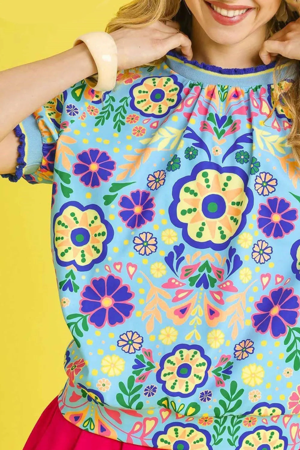 Umgee Retro Floral Puff Sleeve Top Navy / XS