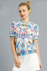 Umgee Retro Floral Puff Sleeve Top Pastel  Blue / XS