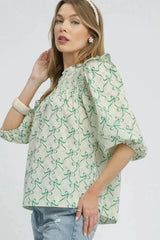 Umgee Ruffled Bow Print Notched Blouse