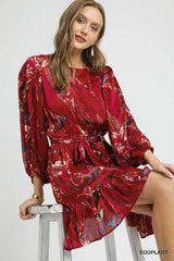 Umgee Ruffled Hem Printed Balloon Sleeve Dress