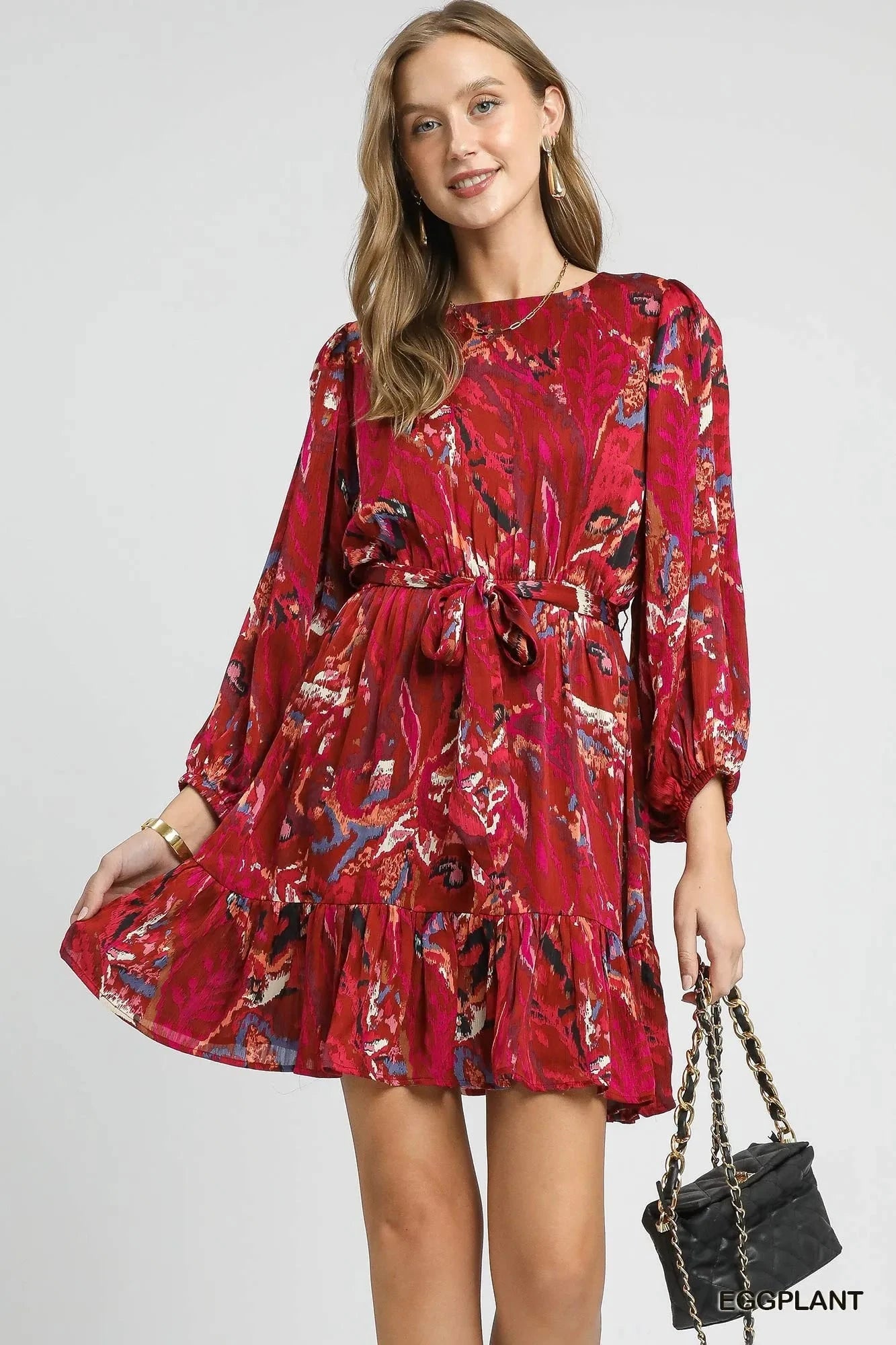 Umgee Ruffled Hem Printed Balloon Sleeve Dress EGGPLANT / S
