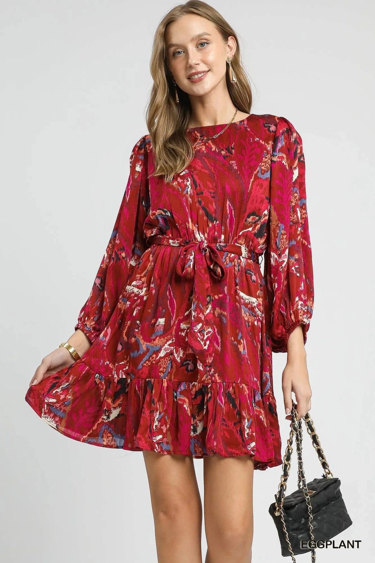 Umgee Ruffled Hem Printed Balloon Sleeve Dress EGGPLANT / S