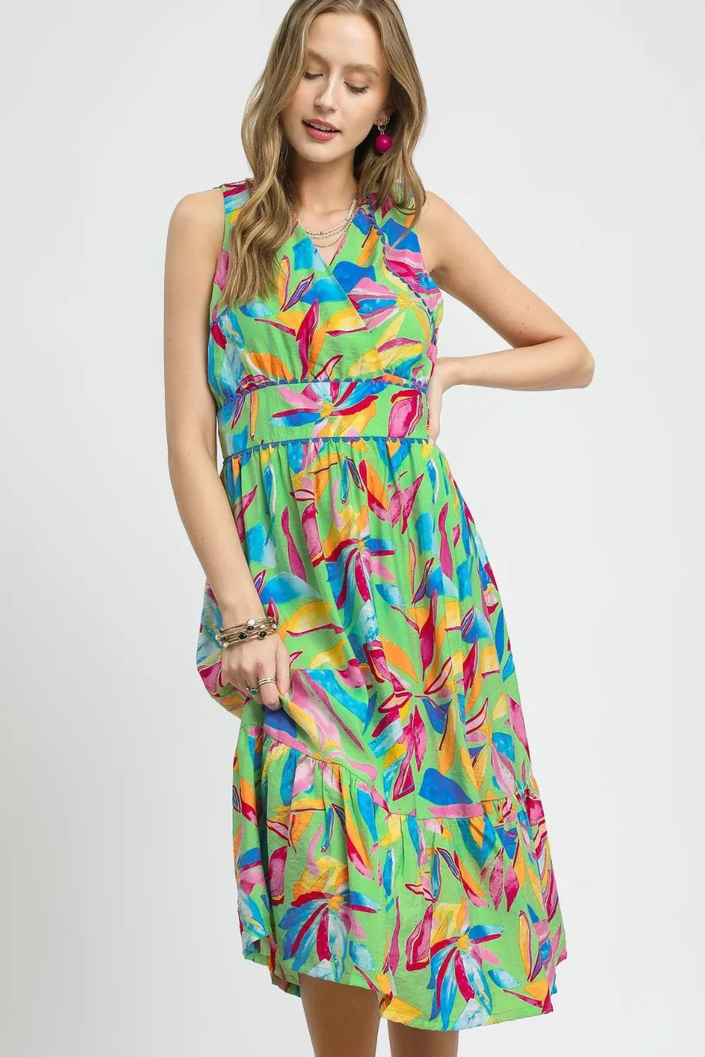 Umgee Ruffled Hem Printed Sleeveless Midi Dress Green / S
