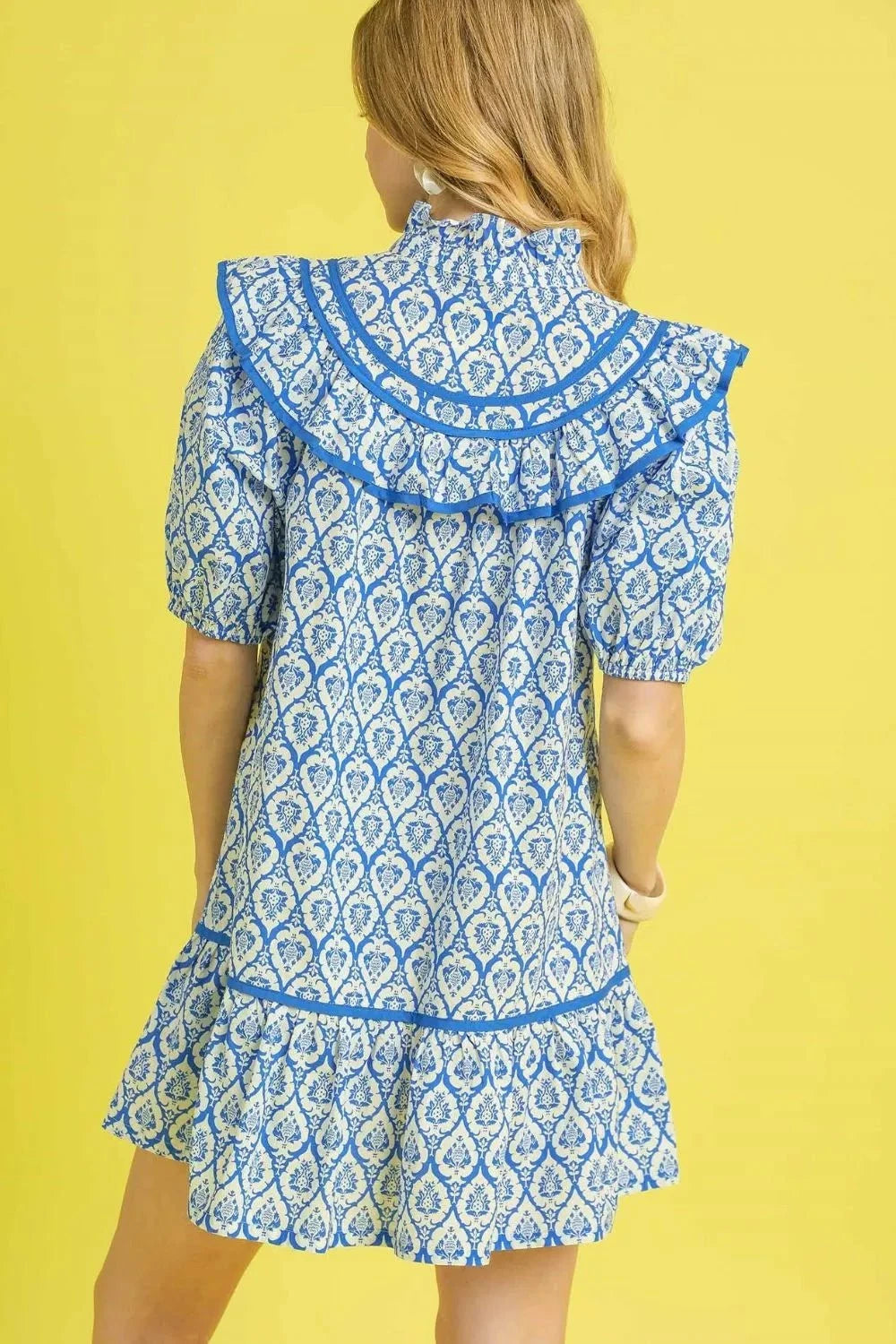 Umgee Ruffled Printed Puff Sleeve Mini Dress