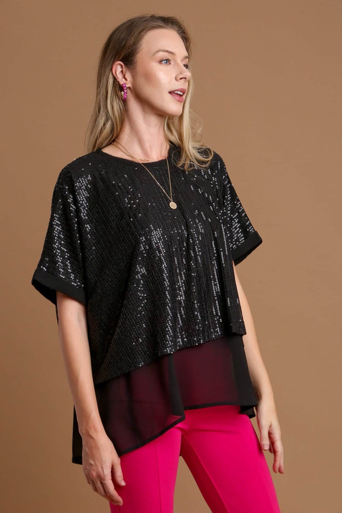 Umgee Sequin Half Sleeve Layered Blouse Black / S