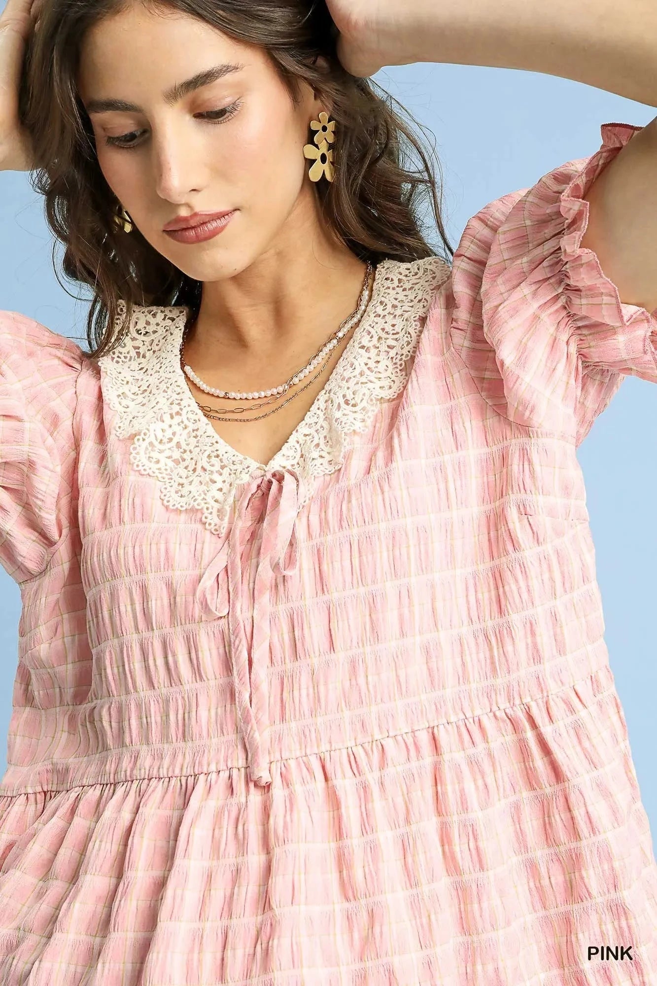 Umgee Short Sleeve Gingham Lace Peplum Blouse