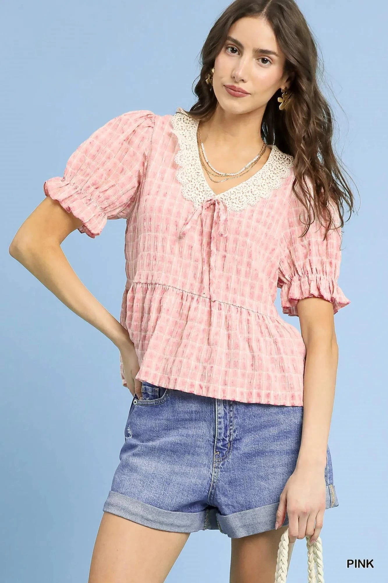 Umgee Short Sleeve Gingham Lace Peplum Blouse Pink / S