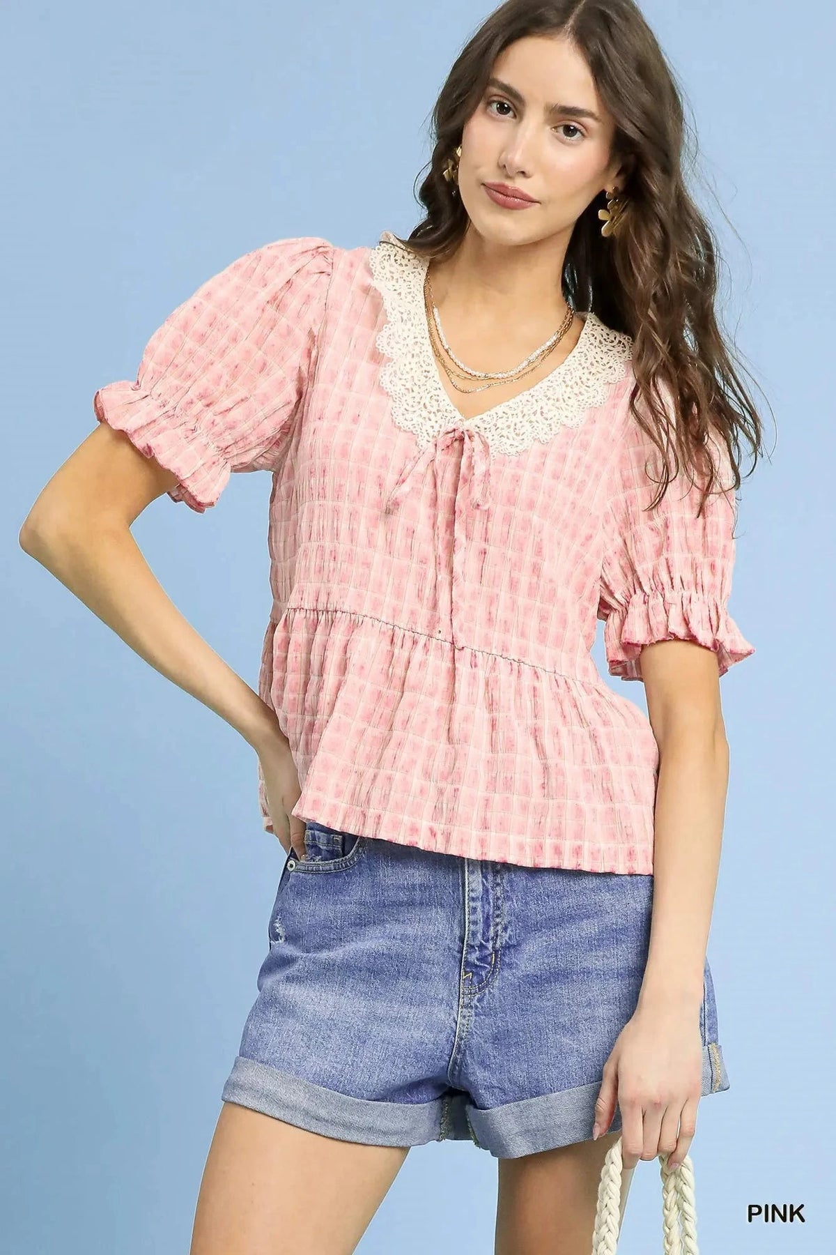 Umgee Short Sleeve Gingham Lace Peplum Blouse Pink / S