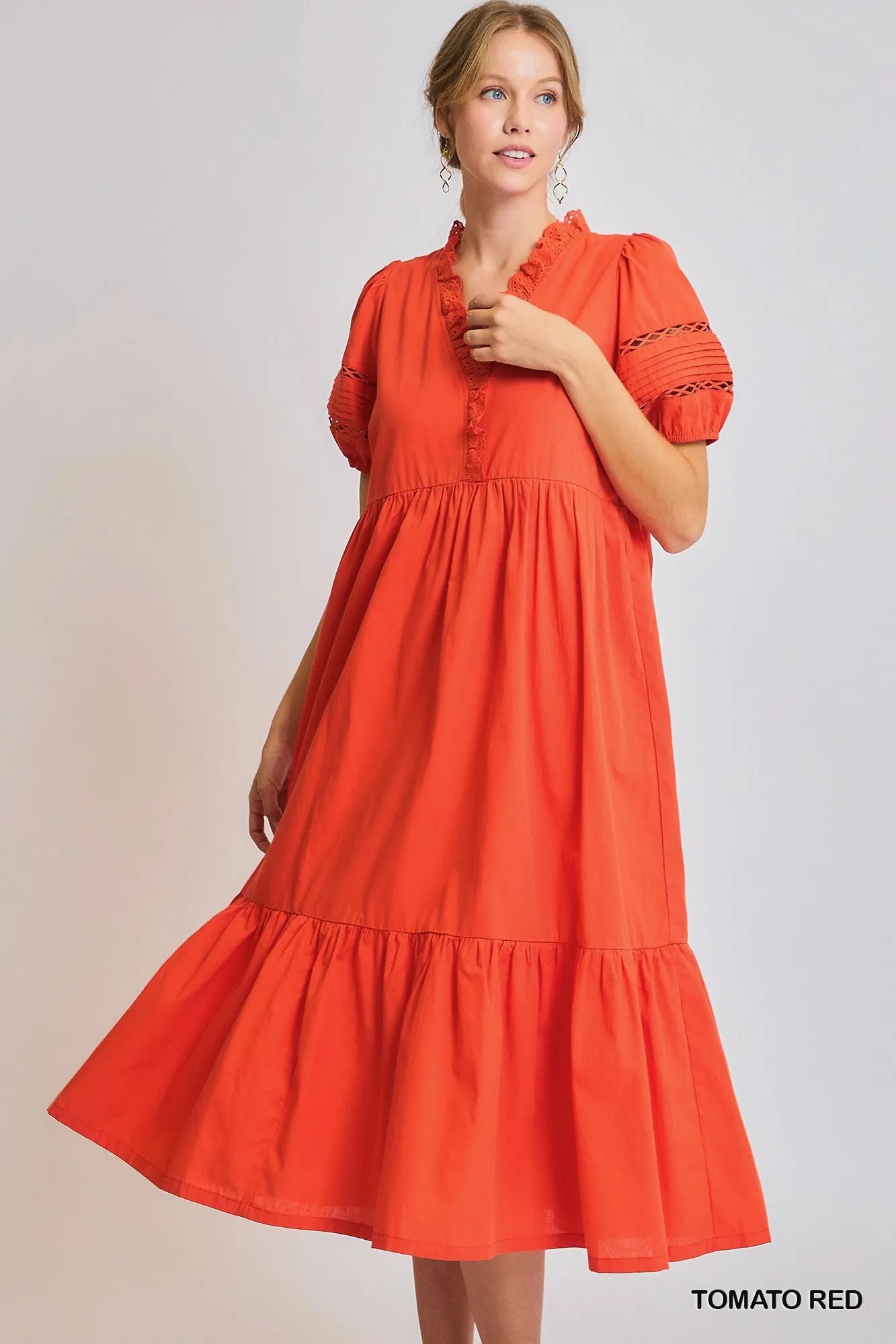 Umgee Short Sleeve Lace-Trim Ruffled Midi Dress TOMATO RED / S