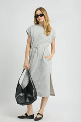 Umgee Side Slit Short Sleeve Midi Tee Dress Light Gray / XS
