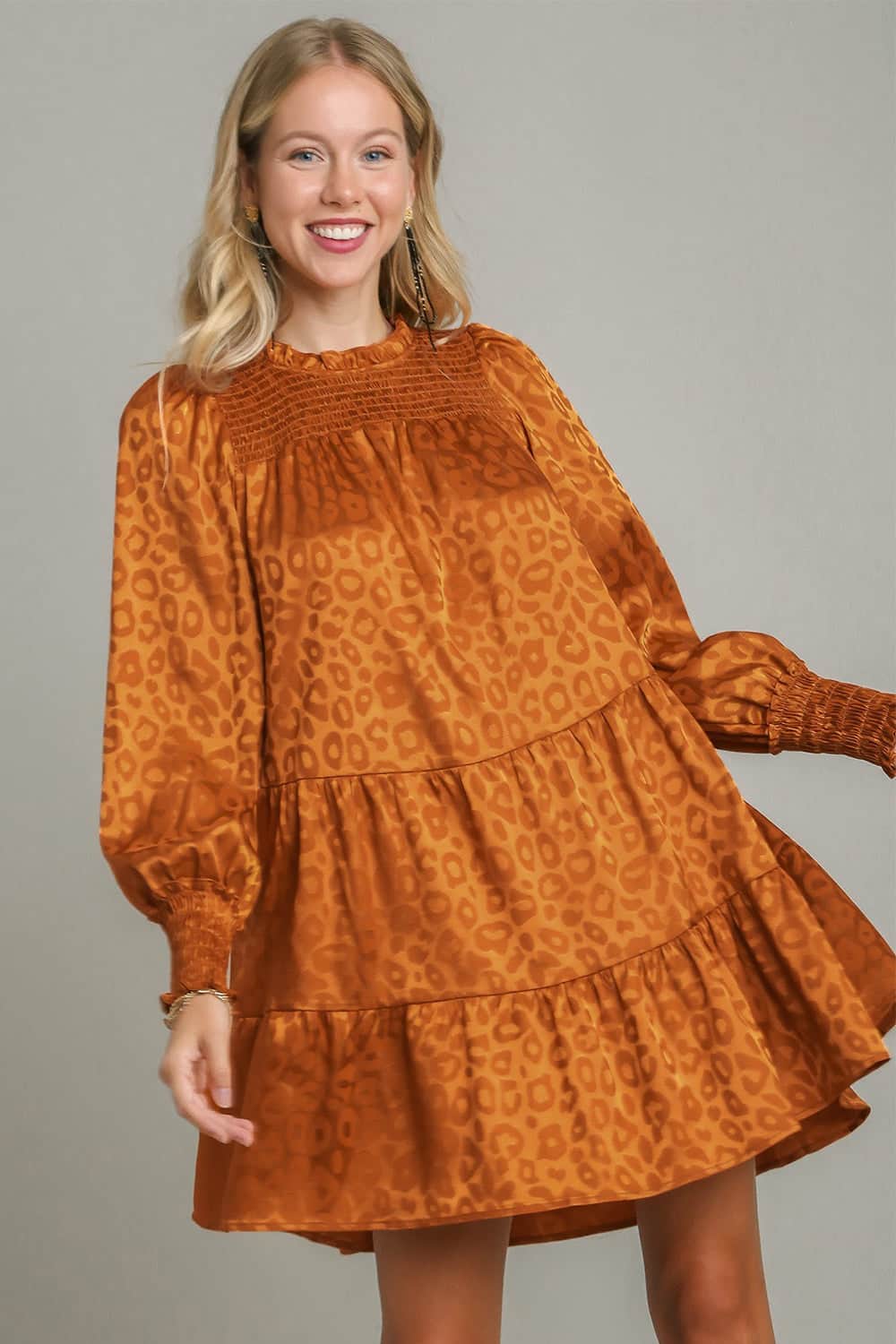 Umgee Smocked Leopard Long Sleeve Tiered Dress Copper / S