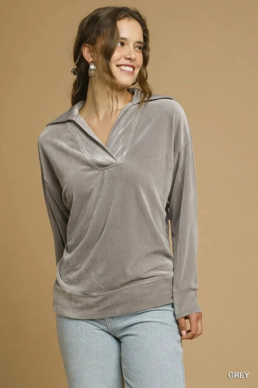 Umgee Soft Thermal Collared Long Sleeve Top GREY / XS