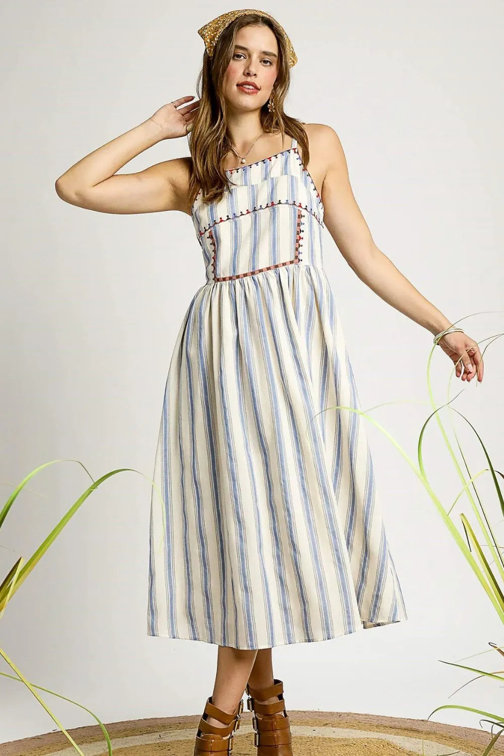 Umgee Striped Colorful Embroidered Trim Cami Dress Light Blue / S