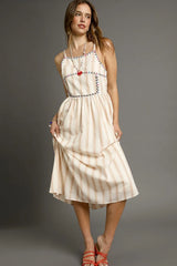 Umgee Striped Colorful Embroidered Trim Cami Dress Tan / S