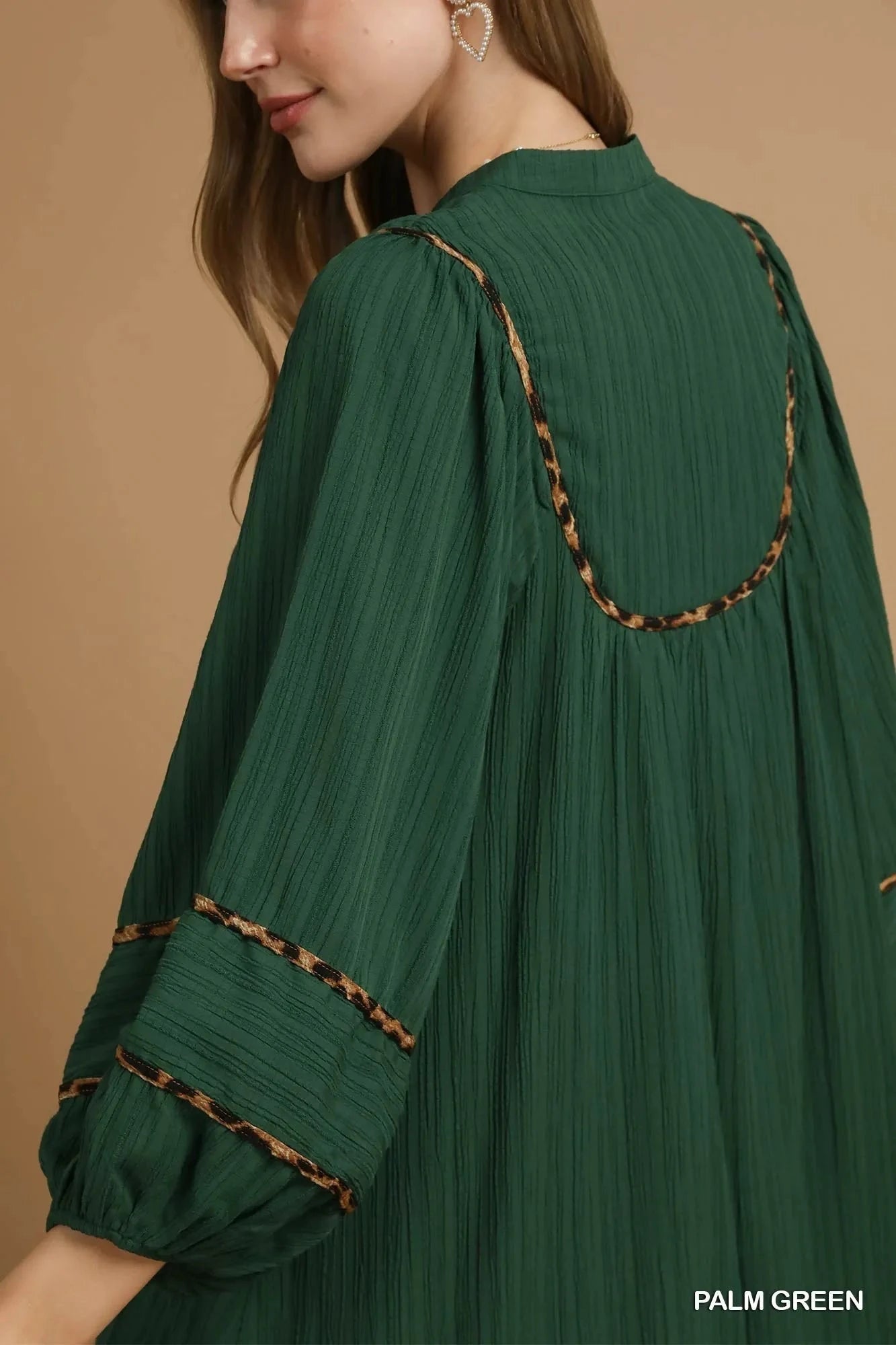 Umgee Textured Babydoll Dress with Leopard Trim