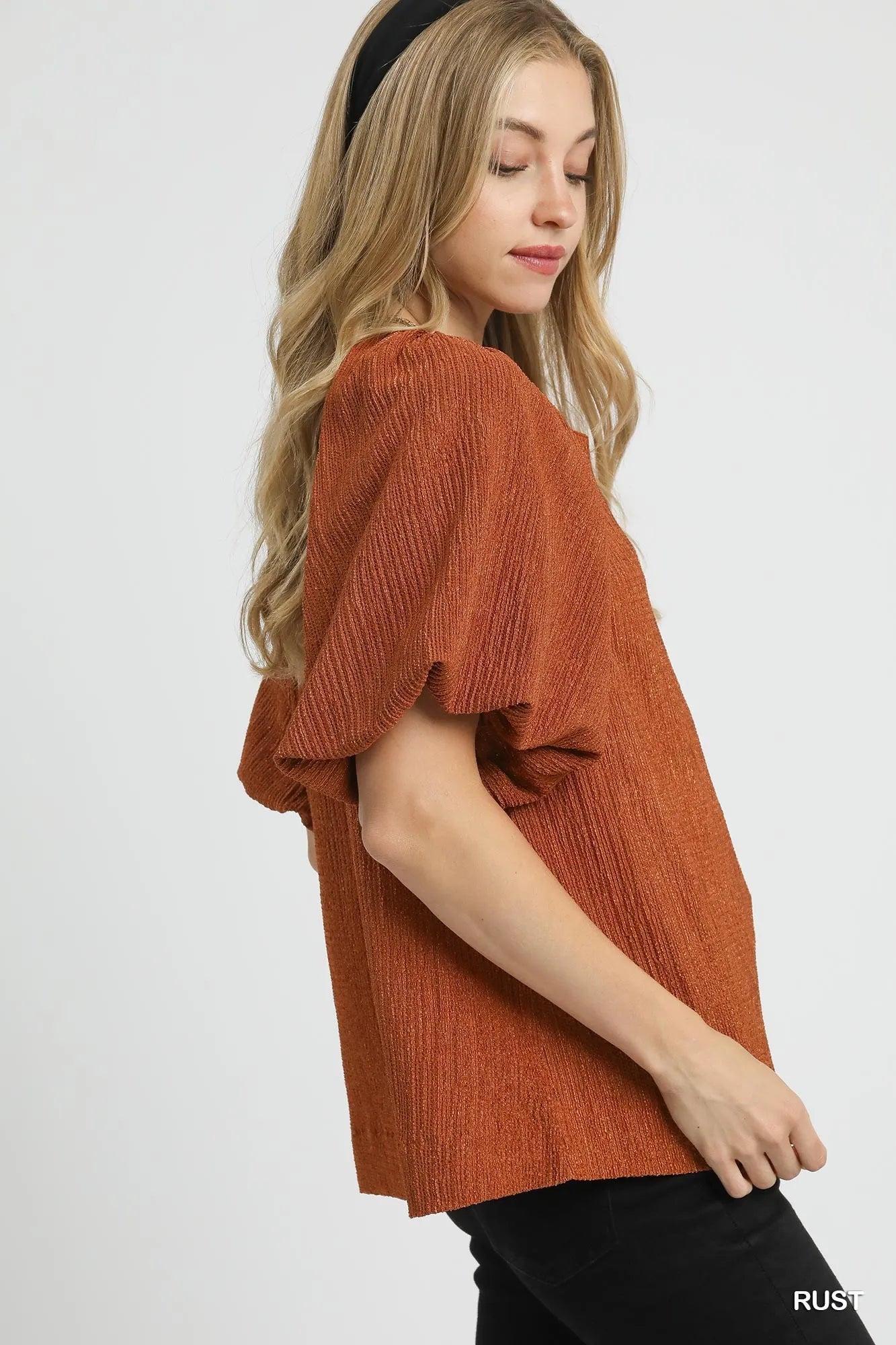Umgee Textured Flutter Sleeve Notch Neck Top