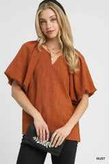 Umgee Textured Flutter Sleeve Notch Neck Top Rust / S