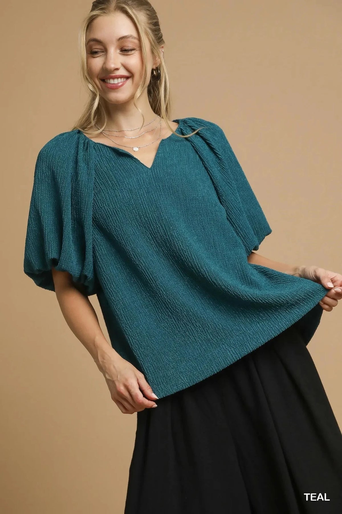 Umgee Textured Flutter Sleeve Notch Neck Top TEAL / S