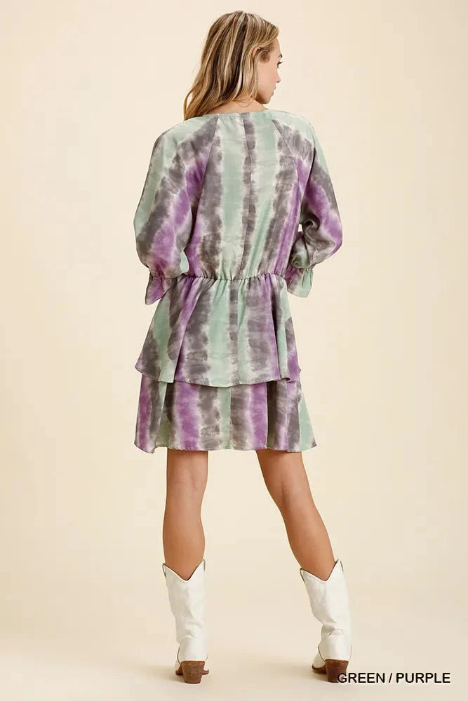 Umgee Tie Dye Ruffled Layered Dress with Elastic Waistband
