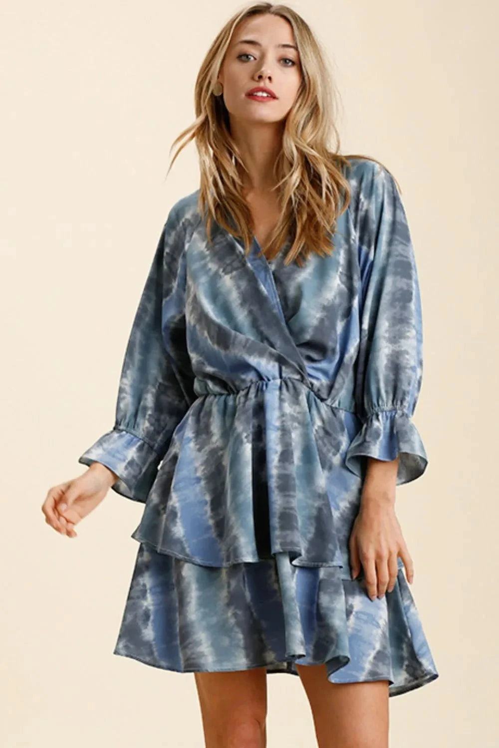 Umgee Tie Dye Ruffled Layered Dress with Elastic Waistband BLUE / GREY / S