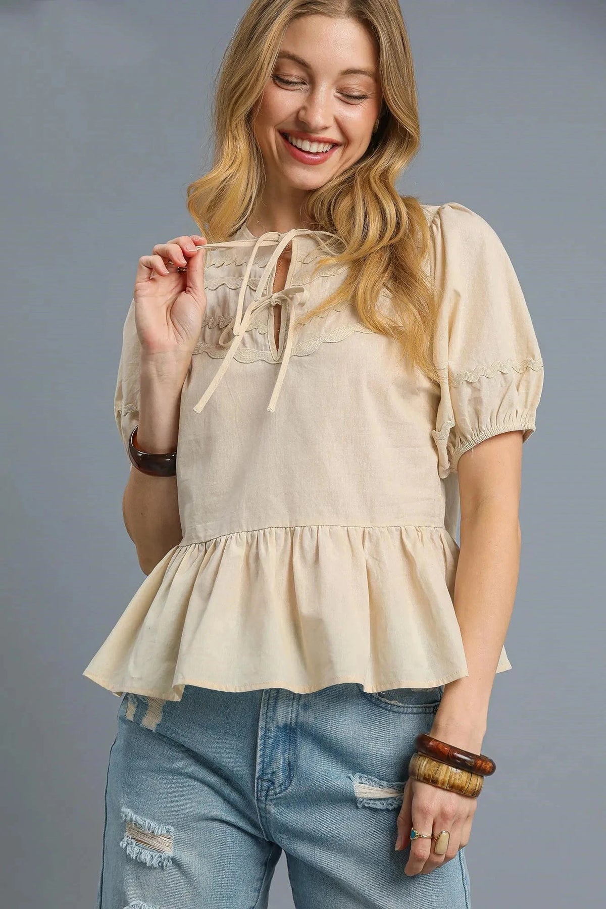Umgee Tie Front Puff Sleeve Blouse Cream / S