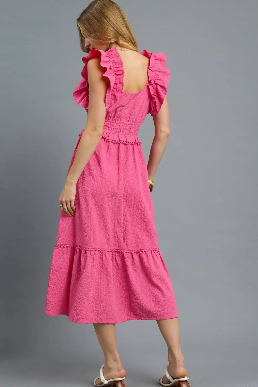 Umgee V-Neck Ruffled Cap Sleeve Midi Dress