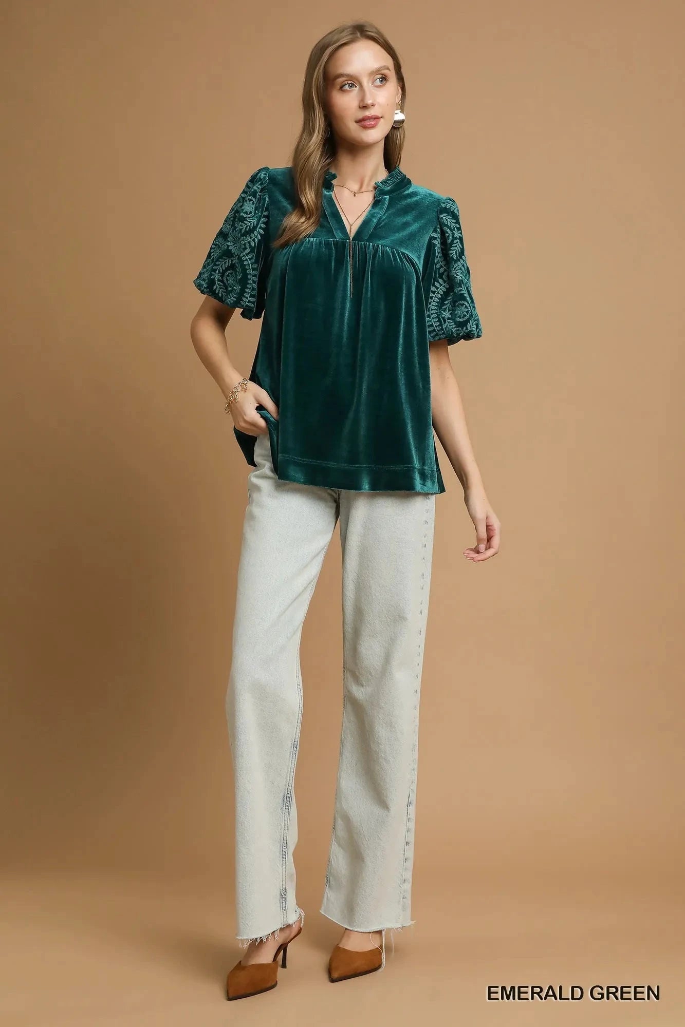 Umgee Velvet Embroidered Sleeve Blouse