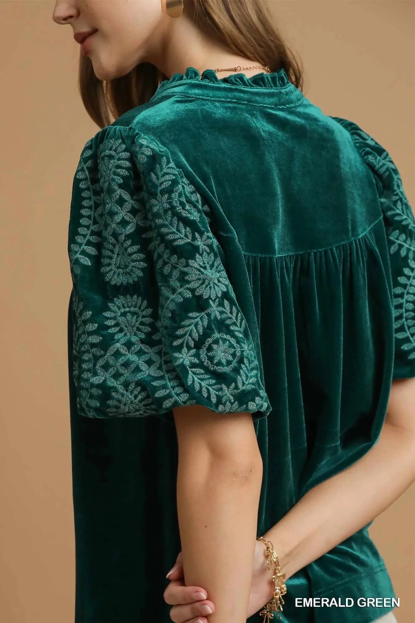 Umgee Velvet Embroidered Sleeve Blouse