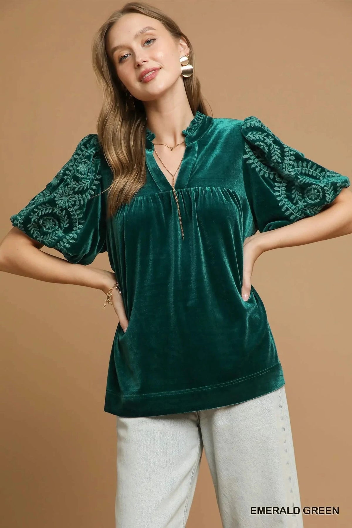 Umgee Velvet Embroidered Sleeve Blouse EMERALD GREEN / S