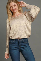 Umgee Wrinkled Round Neck Lantern Sleeve Blouse Tan / S