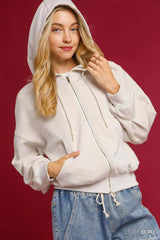 Umgee Zip-Up Fleece Hooded Jacket ECRU / XS
