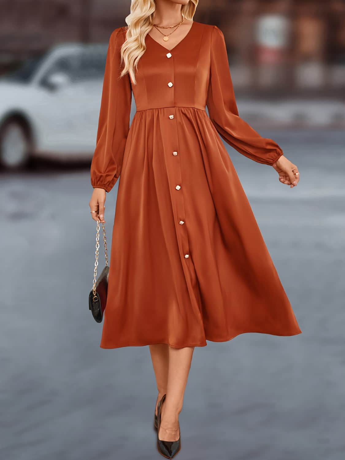 V-Neck Balloon Sleeve Midi Dress Terracotta / XL