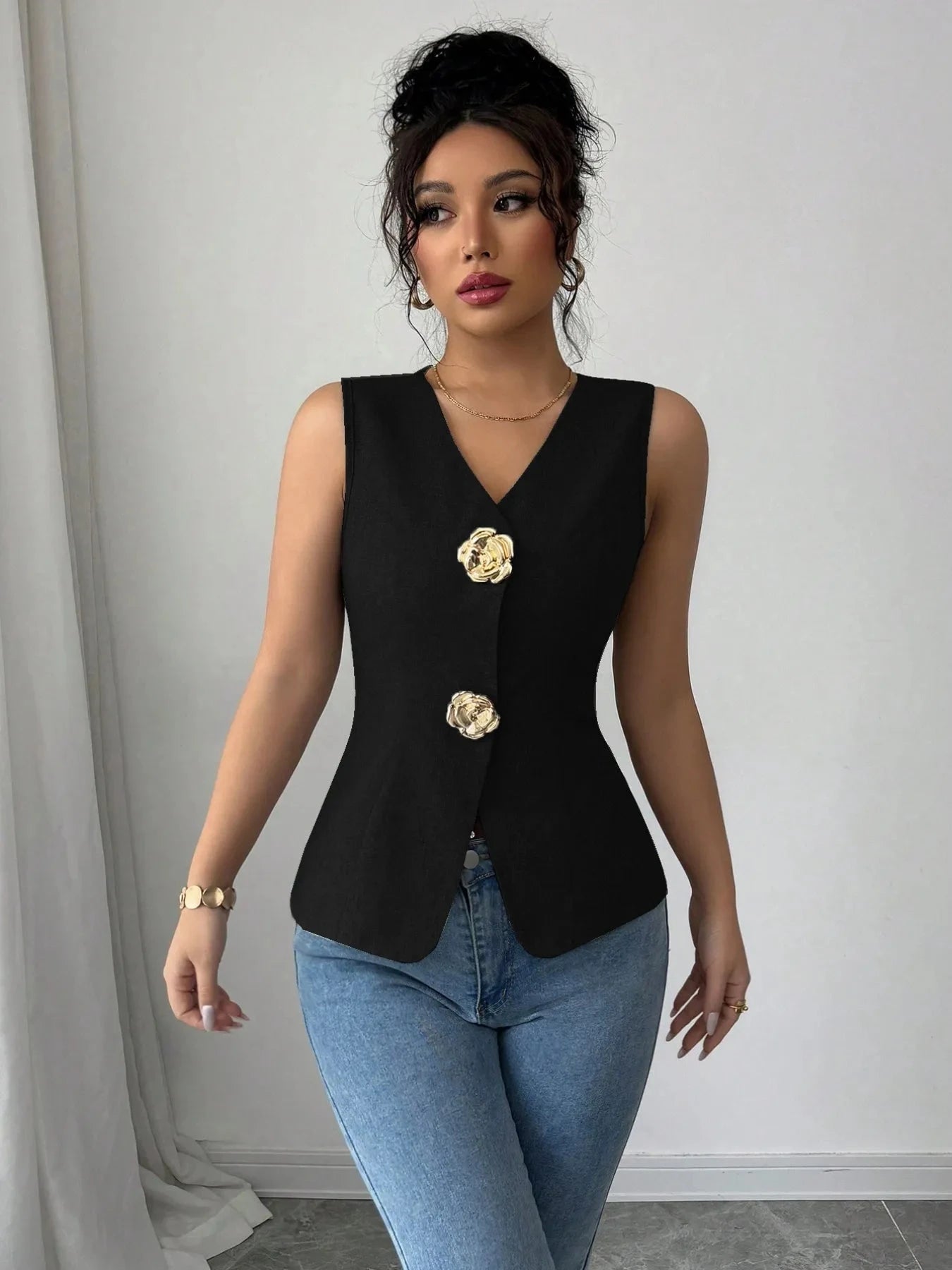 V-Neck Button Detail Tank Top