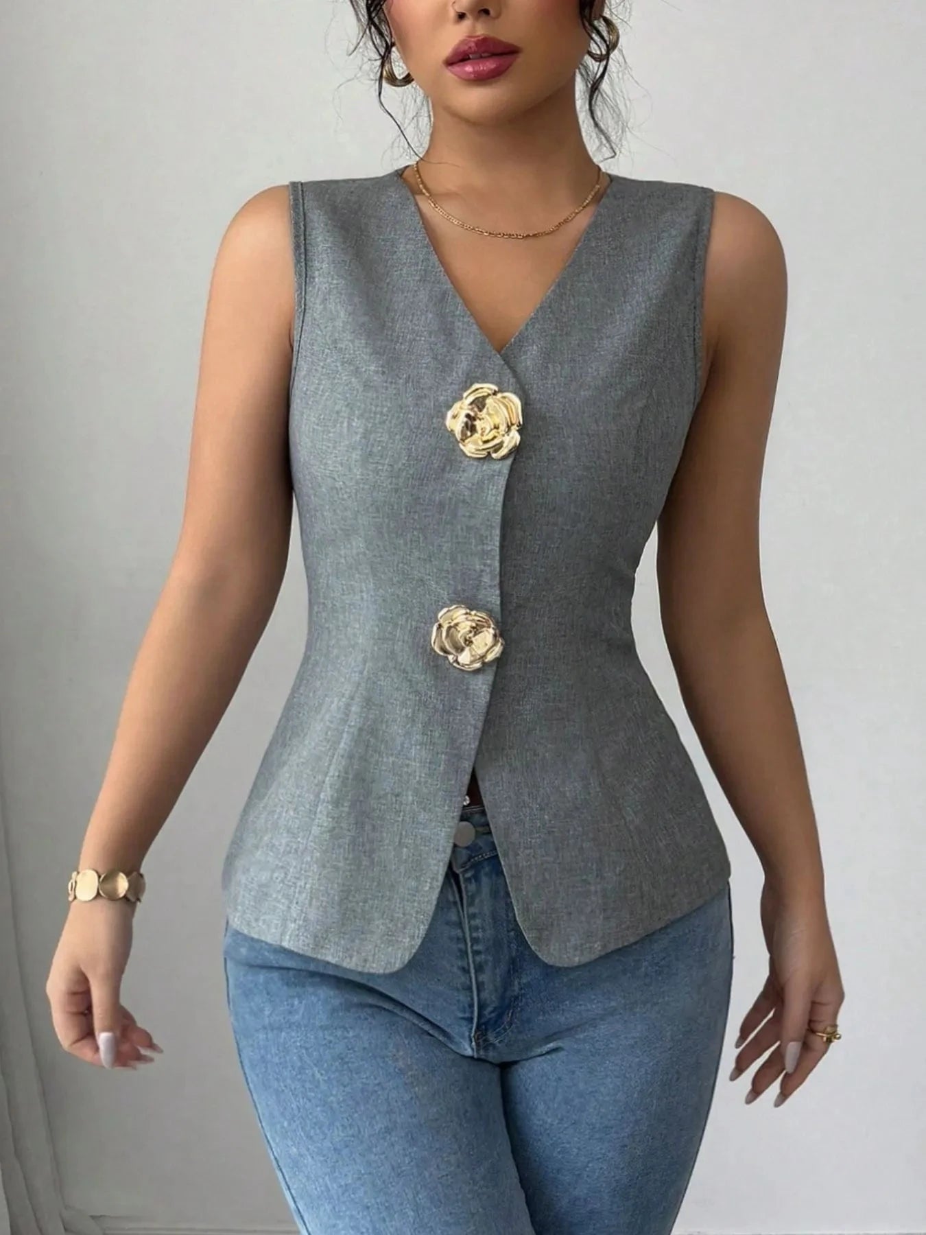 V-Neck Button Detail Tank Top Dark Gray / S