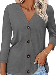 V-Neck Button Front Casual Top