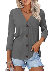 V-Neck Button Front Casual Top Gray / S