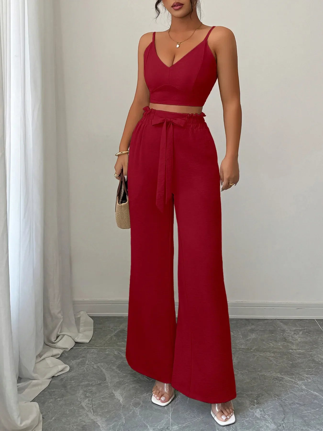 V-Neck Cami and Wide Leg Pants Set Burgundy / S
