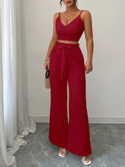 V-Neck Cami and Wide Leg Pants Set Burgundy / S