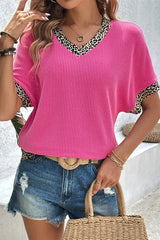V-Neck Leopard Trim Ribbed Blouse
