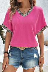 V-Neck Leopard Trim Ribbed Blouse Hot Pink / XS