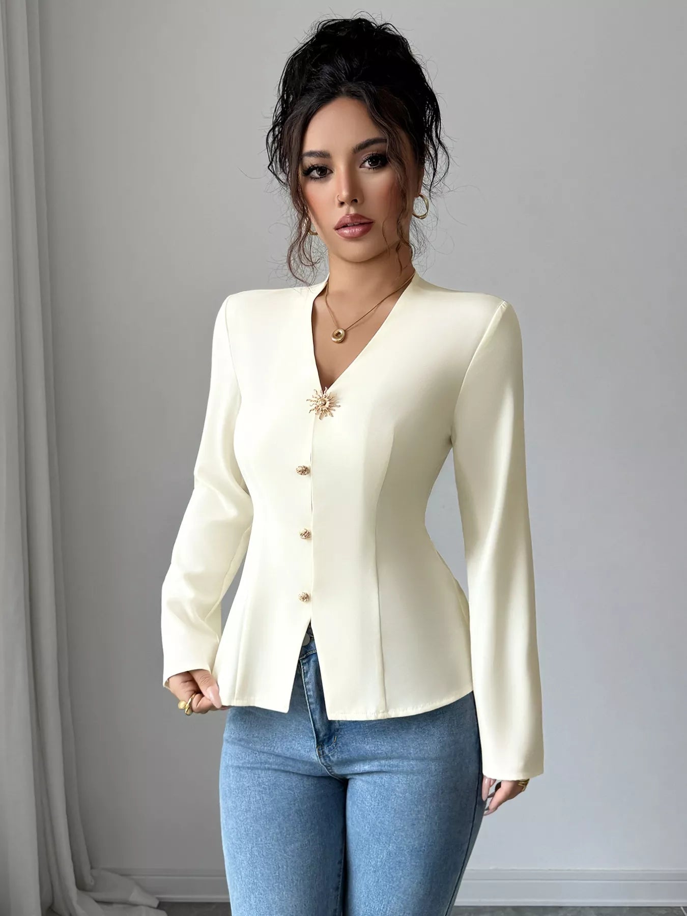 V-Neck Long Sleeve Fitted Blouse