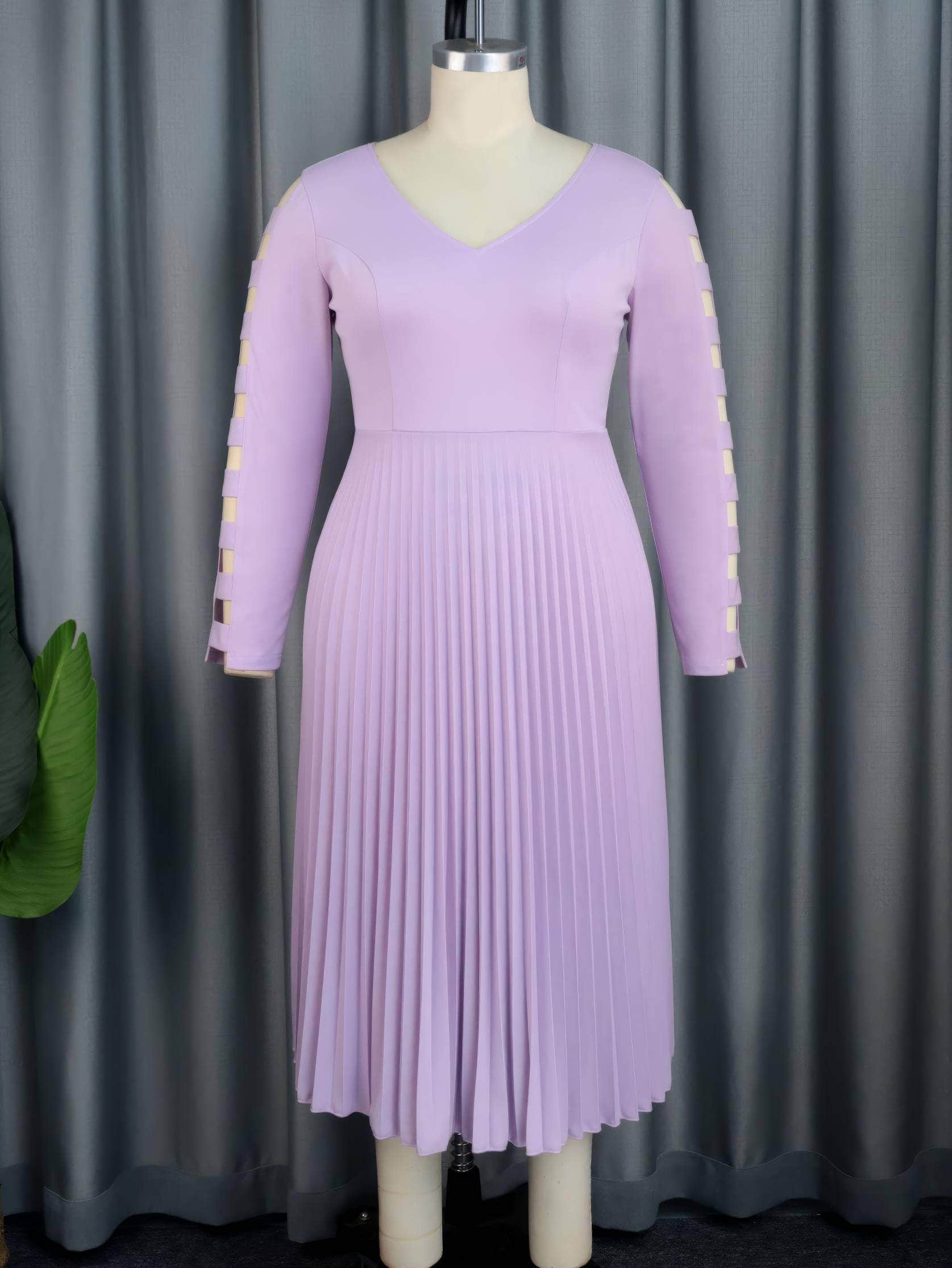 V-Neck Long Sleeves Cut-Out Pleated Hem Dress
