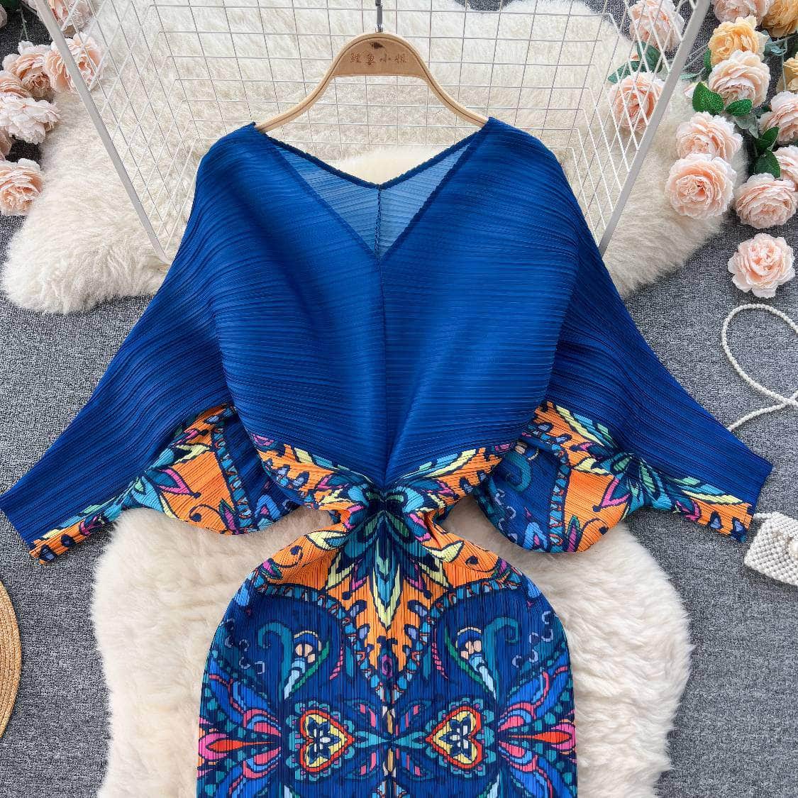 V neck Mesh Sleeves Bohemian Print Midi Dress