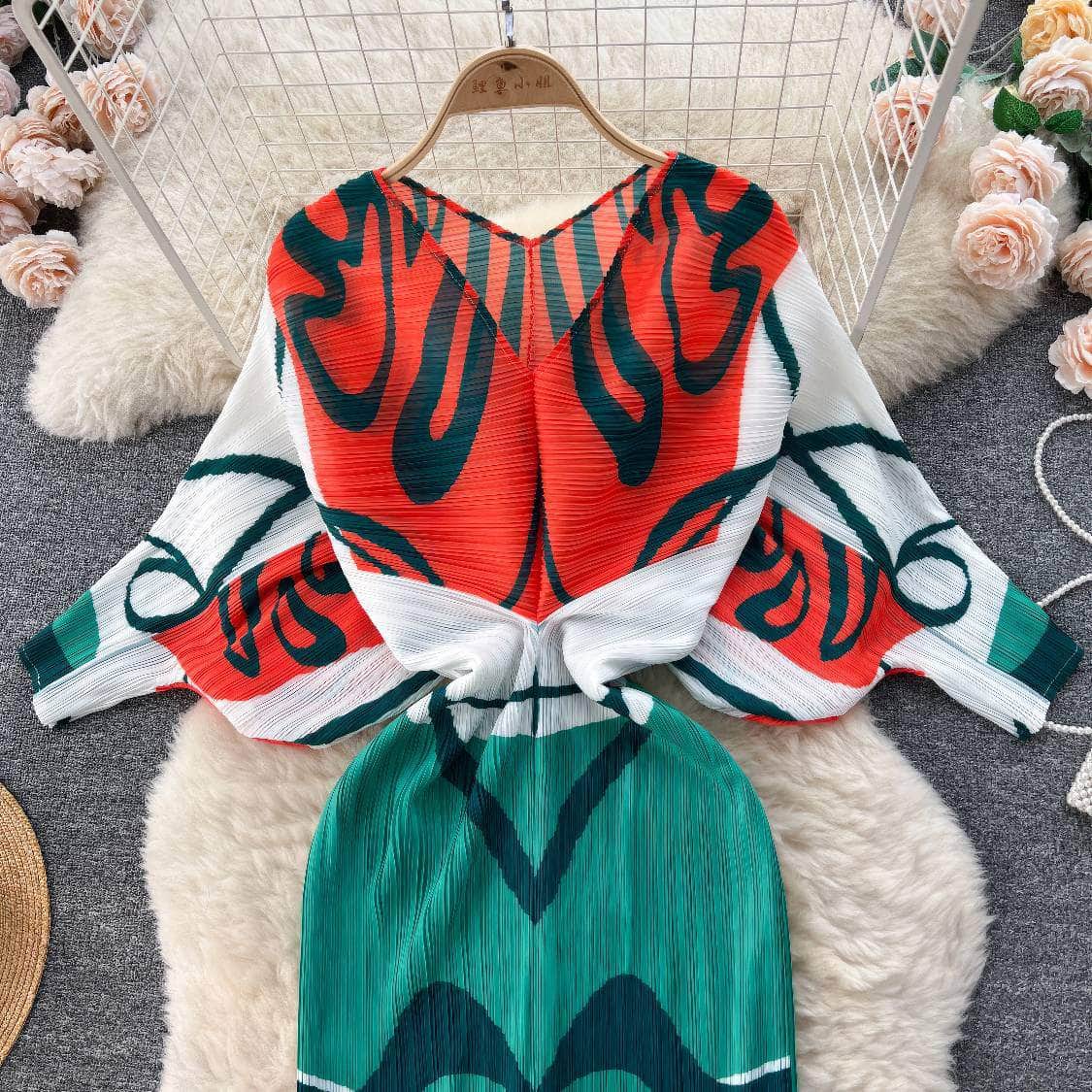 V neck Mesh Sleeves Bohemian Print Midi Dress