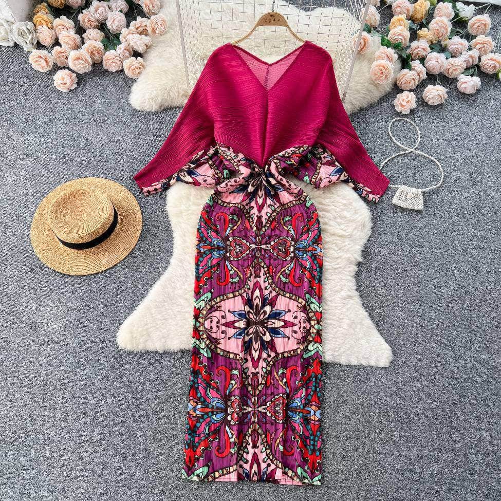 V neck Mesh Sleeves Bohemian Print Midi Dress
